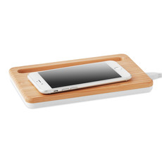 Caricatore wireless in bamboo con supporto telefono colore bianco