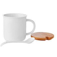 Tazza in porcellana con coperchio in bamboo colore bianco