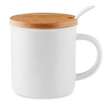 Tazza in porcellana con coperchio in bamboo colore bianco