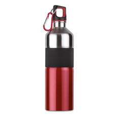 Bottiglia  bicolore in acciaio con fascia di gomma e moschettone colore rosso MO7490-05