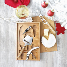 Set formaggio e vino con 4 utensili in scatola di bamboo colore legno