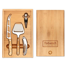 Set formaggio e vino con 4 utensili in scatola di bamboo colore legno