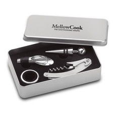 Set vino 4 pezzi con conta goccia e versa vino in metallo colore argento opaco