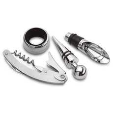 Set vino 4 pezzi con conta goccia e versa vino in metallo colore argento opaco