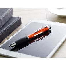 Penna a sfera touch con luce che illumina il logo sul fusto colore arancio