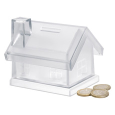 Salvadanaio a forma di casa in plastica trasparente colore trasparente