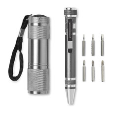Set attrezzi con torcia 9 luci e penna multiuso colore titanio