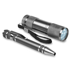 Set attrezzi con torcia 9 luci e penna multiuso colore titanio