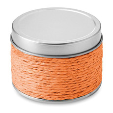 Candela profumata in confezione di latta colore arancio