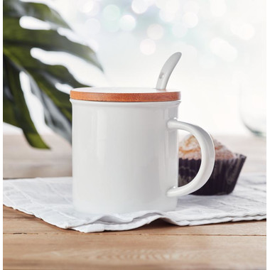 Tazza in porcellana con coperchio in bamboo colore bianco