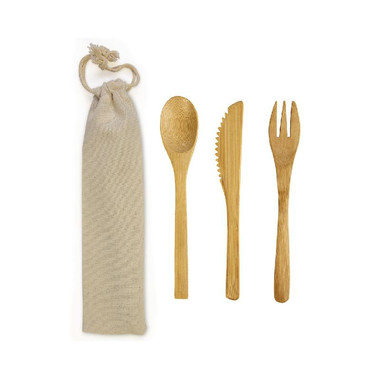 Set posate in bamboo in bustina in cotone colore naturale