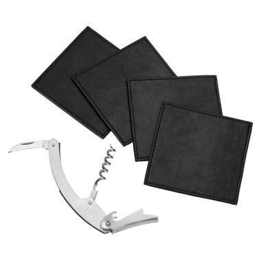 Set sottobicchieri 4 pezzi con cavatappi - colore Nero