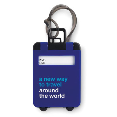 Etichetta bagaglio in plastica a forma di trolley colore blu royal