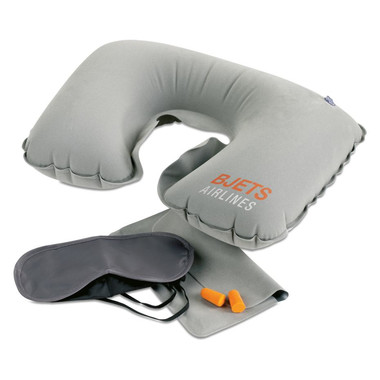 Set viaggio con cuscino maschera e tappi colore grigio