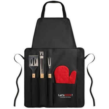Grembiule con 3 utensili con guanto barbecue colore nero