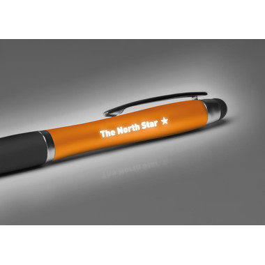 Penna a sfera touch con luce che illumina il logo sul fusto colore arancio
