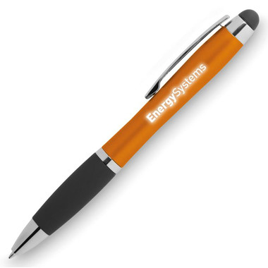 Penna a sfera touch con luce che illumina il logo sul fusto colore arancio