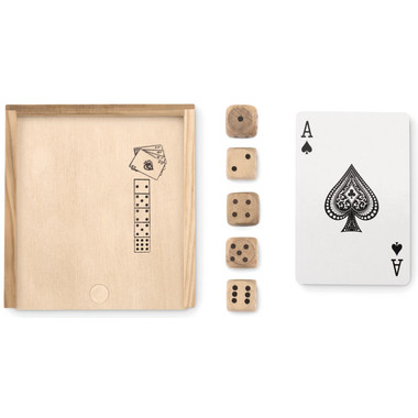 Set gioco carte e dadi con 54 carte da poker colore legno