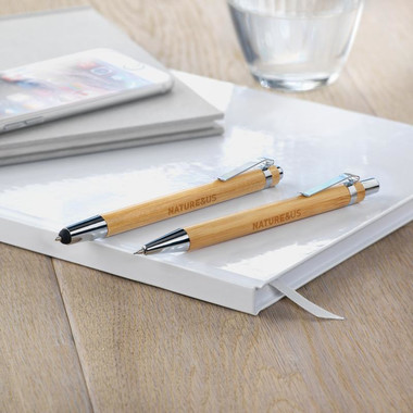 Set penna blu e matita a mine in bamboo colore legno