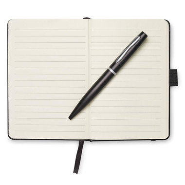Blocco notes A6 da 72 pagine con penna blu colore nero