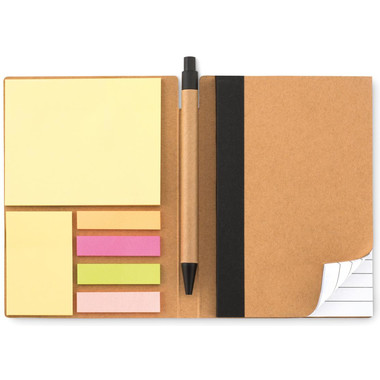 Notebook in carta riciclata con post it e penna ecologica colore nero