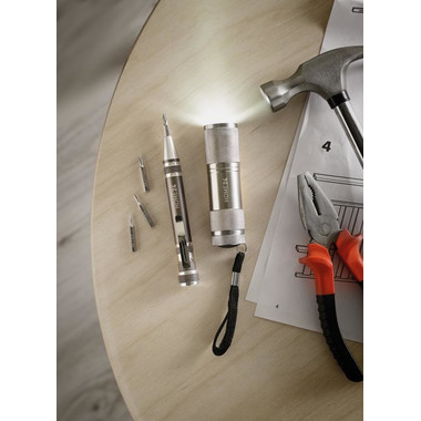 Set attrezzi con torcia 9 luci e penna multiuso colore titanio