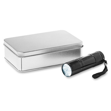 Torcia con 9 LED in confezione di latta colore nero