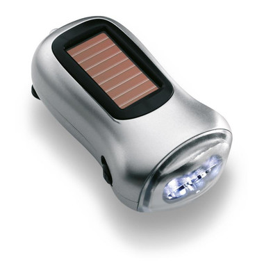 Torcia dinamo con pannello solare e 3 LED in ABS colore argento opaco