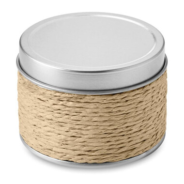 Candela profumata in confezione di latta colore beige