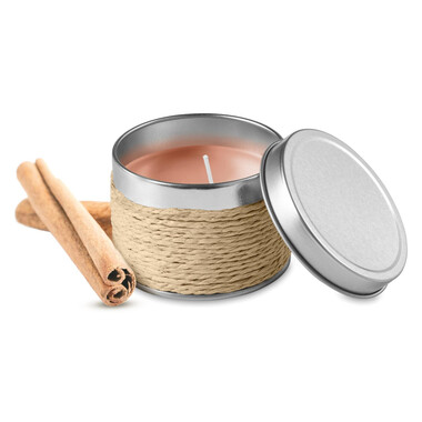 Candela profumata in confezione di latta colore beige