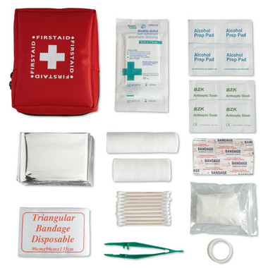 Set pronto soccorso con coperta di emergenza colore rosso