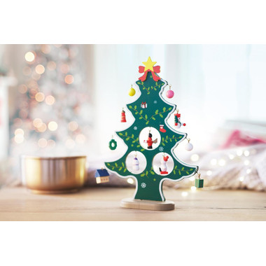 Albero di Natale in legno con 12 decorazioni in confezione colore verde